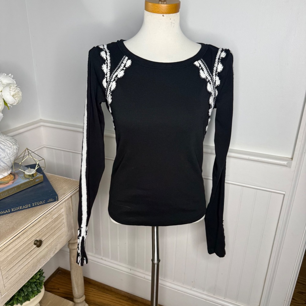 Free People Black White Crochet Lace Embroidered Ribbed Thermal Top  M